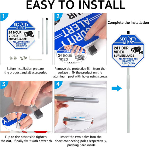28" 10"x10" (2 PACK) GicnKeuz Video Surveillance Sign with Stake for Outside, Security Sign - Rust Free Heavy