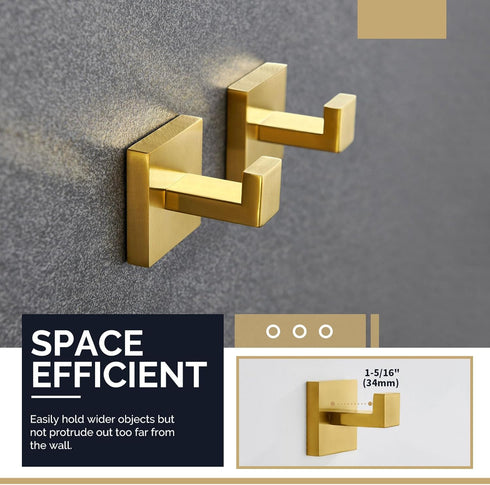 Angle Simple Towel Hook Brushed Gold 2 Pack, 304 Stainless Steel Square Robe Hook for Bathroom Use