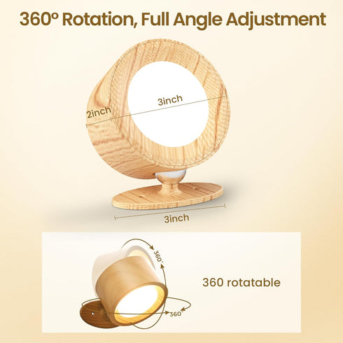 3 3 360Rotate Bedside,Wood-1 Pack Wall Mounted Lamp LED Wall Lights with Rechargeable Battery Operated, Color
