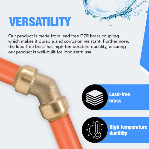 1/2" 45 Degree Elbow U648LF with Disconnect Tool, Lead-Free Brass Coupling Push Fit Fitting for Plumbing (pack of 2)