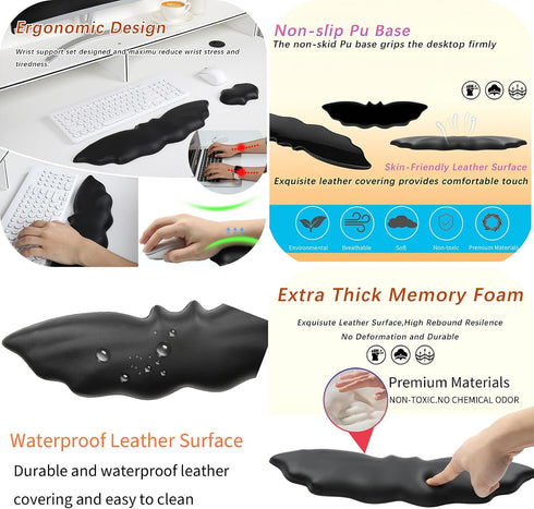 Keyboard Wrist Rest - Soft Leather Halloween Bat Wrist Pad for Mouse Wrist Rest with Non-Slip Base, Wrist Pad