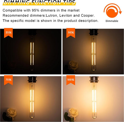 6W Dimmable T10 8.9inch Bulb E26 Bulb 60 225 Bulb AC120V 2700K 750LM 2Pack LED Light Equal watt Long Led Light Warm