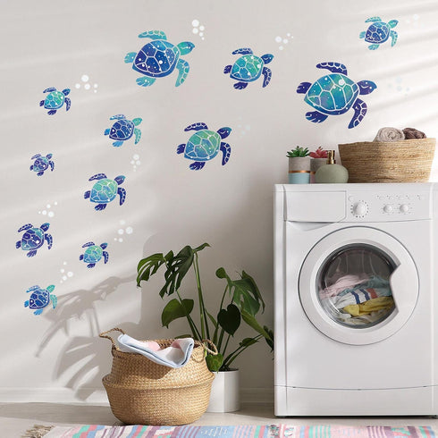 Zonon Sea Turtle Wall Decals, Ocean Turtle Vinyl Stickers for Underwater Bathroom Decoration (Blue, 24pcs)