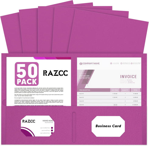 RAZCC 50 Pack Two Pocket Folders, Rose Purple, Fit Letter Size Paper for School Office Business Home