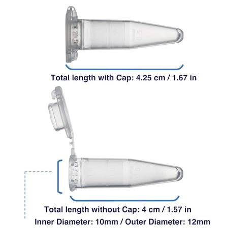 1.5mL Microcentrifuge Tube with Safe Lock Snap Cap, 500/Pack, Clear Graduation, Polypropylene, Plastic Lab Tubes
