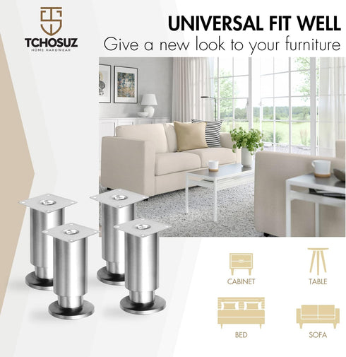 TCHOSUZ 4 Inch 4 Pack 10 cm Heavy Duty Mental Furniture Legs, Stainless Steel Tapered Feet - Replacement Legs
