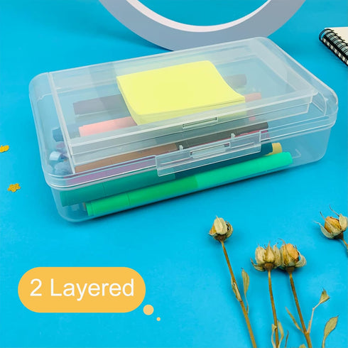 Large Capacity Clear Stationery Box, Double-Layer Plastic Organizer, Supply Box for Office, Students, and Home