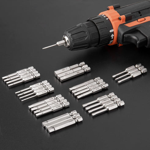 30 Piece Hex Head Allen Wrench Drill Bit Set, 1/4 Inch Hex Shank, Metric and SAE S2 Steel, Magnetic Tips