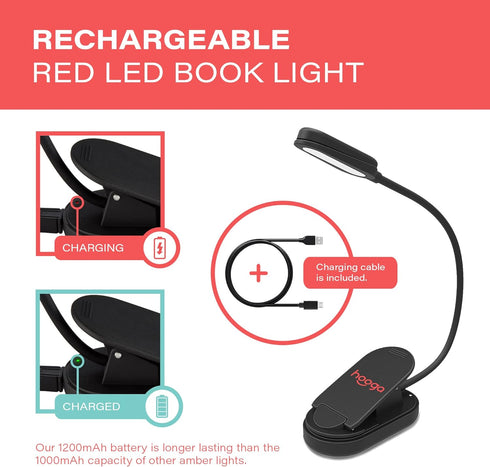 625nm Hooga Red Book Light, Clip On LED Light for Reading in Bed, No Blue Light, Eye Care, Gift for Students, Kids