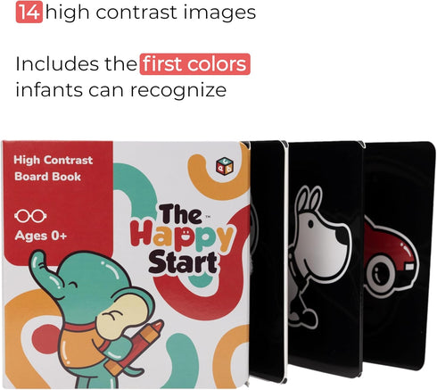 Happy Start High Contrast Board Book: Easy to Clean - Hospital Approved - Stands on Its Own - Tummy Time Toys - Black and White High Contrast Baby Toys - Ages 0+ (English)