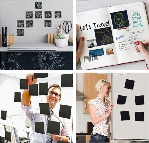 Sticky Notes 3 x 3 Inches, 6 Pads Black Self-Stick Notes, 50 Sheets/Pad, White Gold and Silver Gel Pens for Office