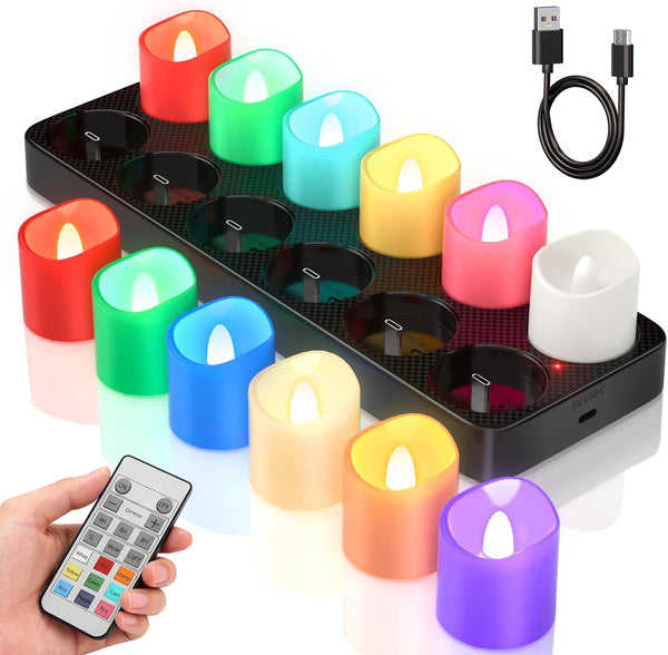 SoulBay Flameless Candles Color Changing Rechargeable, 12pcs LED Flickering Tea Lights Votives
