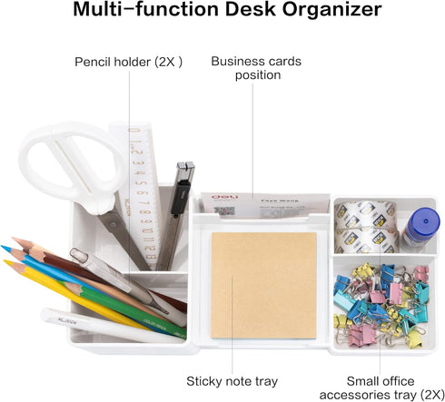 deli Desk Organizer, Plastic Desktop Organizer with Pencil Holder and Sticky Note Tray, 6 Compartments, White