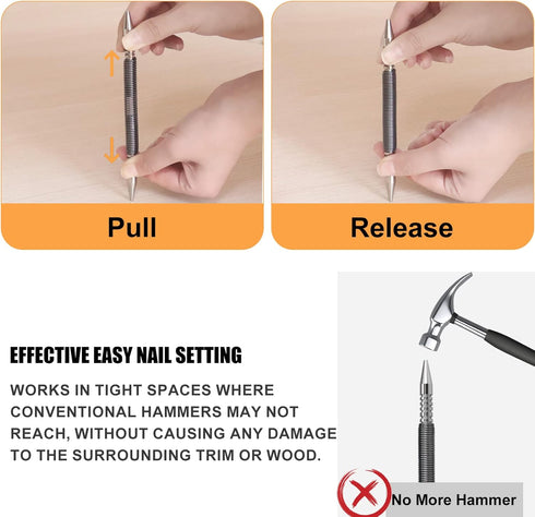 2 Pcs Dual Head Nail Setter, 3/32 and 1/8 Spring Loaded Nail Set Hammerless Double Ended Nail Punch Tool.