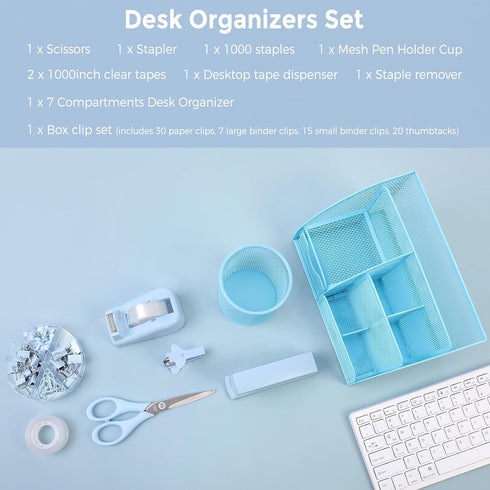 Set, 1000pcs SKYDUE Blue Office Supplies Office Desk Accessories, Mesh Desk Organizer, Stapler, Tape Dispenser