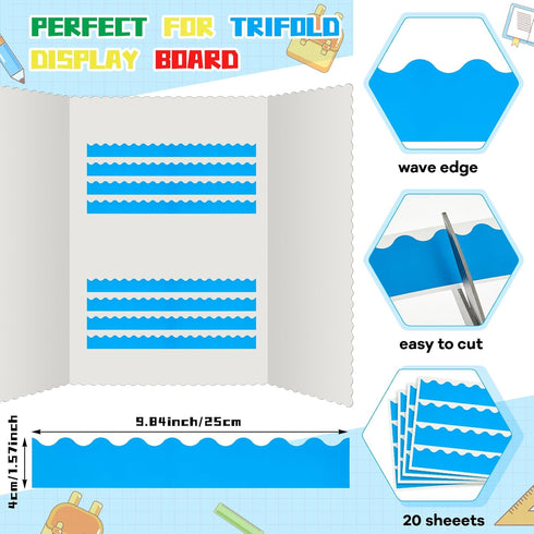 Henoyso 100 Pcs Science Fair Board Supplies Include 80 Trim Scalloped Bulletin Board Borders 20 Project Printable Adhesive Paper for Classroom Office Display Boards (Board Does Not Include)(Blue) by Henoyso
