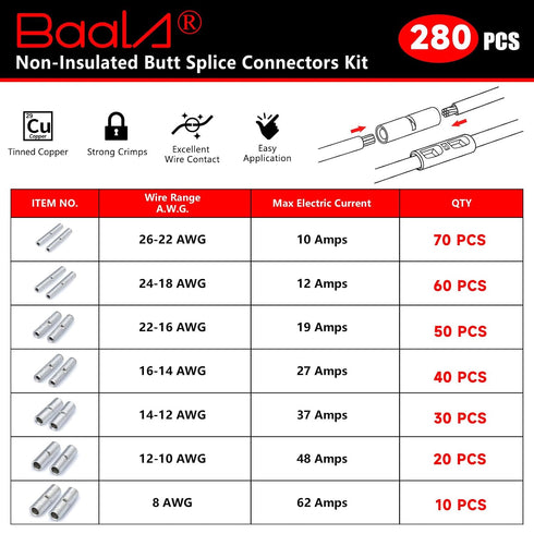 280 26-8 BAALA PCS Non Insulated Butt Connectors Kit, Gauge Butt Splice Connector Tinned Copper, Butt Connectors Crimp