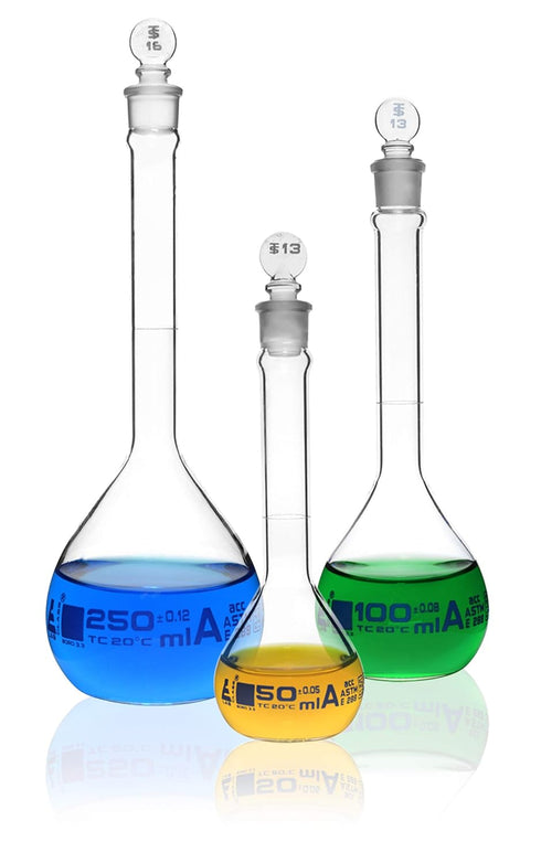 EISCO Premium Volumetric Flask Set - 50ml, 100ml & 250ml - Class A, ASTM E288 - Borosilicate 3.3 Glass with Penny