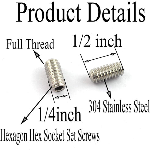 RuiLing 25PCS 1/4-20x1/2" Hexagon Hex Socket Set Screws, 304 Stainless Steel Full Thread Cup Point Grub Screws