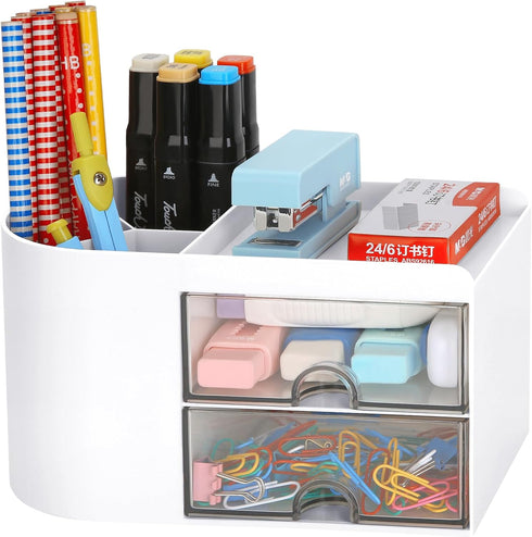LETURE Desk Organizer Caddy with Drawer, White Office Supplies Holder for Business Cards, Pens, and Stationery
