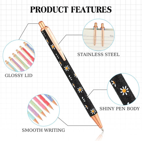 Jutom 16Pcs Fancy Pens for Women Glitter Ballpoint Pens Pretty Cute Sparkly Pen Metal Retractable Writing Pen Black Ink Medium Point 1.0 mm Journaling Pen for Women Girls Student (Daisy Style) by Jutom