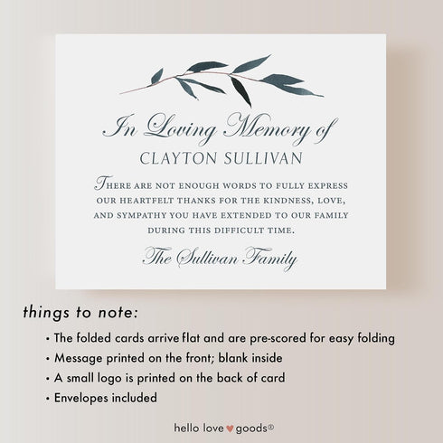 5.5x4.25 (A2) Folded Funeral Thank You Cards, Elegant Leaf Personalized Sympathy Thank You Cards with Envelopes, Blank