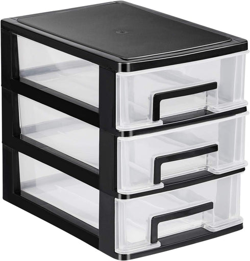 SEWACC 3-Layer Plastic Drawer Organizer, Small Desktop Organizer with Transparent Drawers for Office Supplies