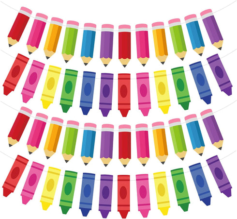 Doumeny 4Pcs Colorful Crayon Paper Banner Back to School Pencil Bunting Garland Colorful Pencil Hanging Bunting First