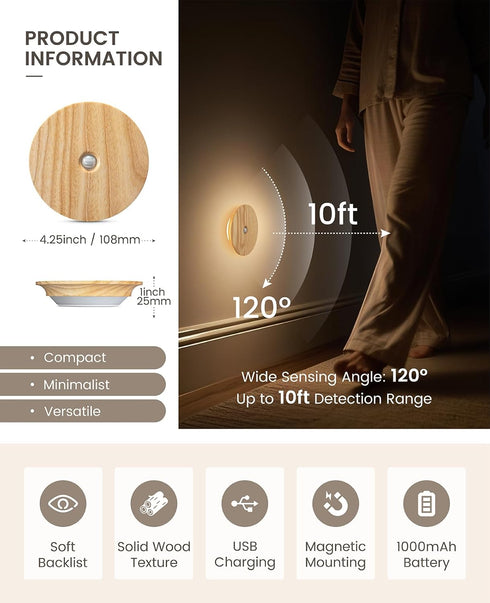 Motion Sensor Night Light Wood, Rechargeable Battery-Powered Magnetic Stick-On Night Light Wall Light for Indoor