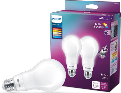 White Dial Flicker-Free Frosted Dimmable A21 Light Bulb, 1100 Lumen, 5 Shades of White, 9W=75W, E26 Base, 2-Pack