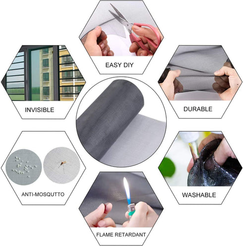 Screen Repair Kit for Windows or Doors, Adjustable Fiberglass Screens with Rolling Tool, 36" x 84"