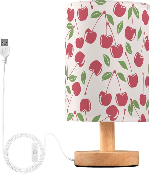 YYZZH Table Lamp Vintage Cherry Pattern on Pink Nightstand Lamp with Wood Base