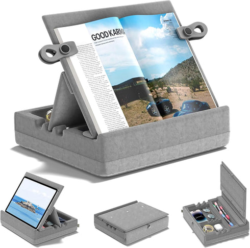 KDD Multi-Angle Book Stand with Storage, Foldable Tablet Holder for Lap, Desk, Bed, Couch, Organizer Tray (4.7"-15")