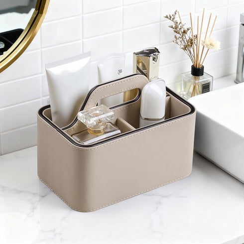 Caddy Organizer with Handle, PU Leather Remote Control Holder Desk Caddy, Portable Makeup Remote Organizer for Table