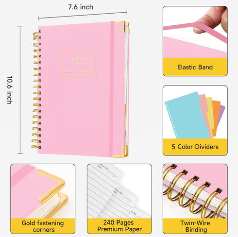 Huhuhero 5 Subject Notebook with Dividers, 240 Pages Pink Spiral Journal Notebook College Ruled, B5 Hardcover Notebooks for Work Note Taking, Aesthetic Writing Journal for Women, College Essentials