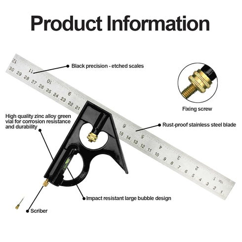 Nortools Combination Square Carpentry Tools, Metal-Body, Stainless Steel Blade Ruler for Accurate Woodworking Measure