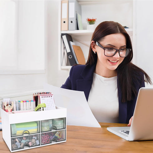 Desk Organizer with Drawer, Office Supplies & Workspace Organizers, 4 Drawers + 4 Compartments, White