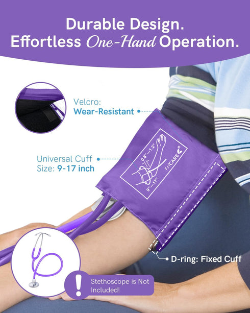 FriCARE Manual Blood Pressure Cuff Kit for Nursing Students, Sphygmomanometer for Home Health Use, XL, Purple