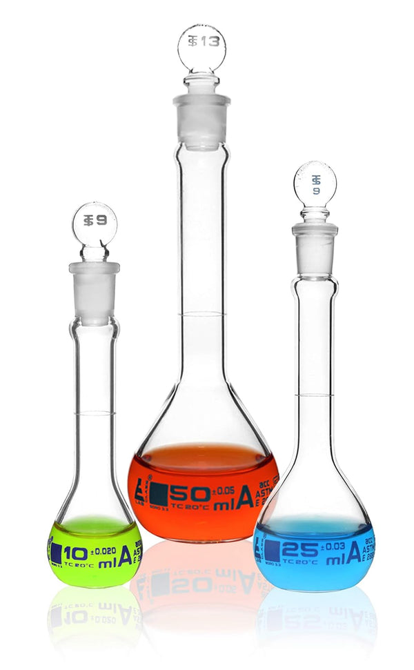 EISCO Premium Volumetric Flask Set, 10ml, 25ml & 50ml, Class A, ASTM E288, Borosilicate Glass with Stoppers