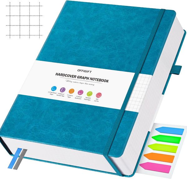 Graph Paper Notebook, 312 Numbered Pages, B5 Hardcover Leather Journal, 100gsm No Bleed Grid Paper with Index Pages,