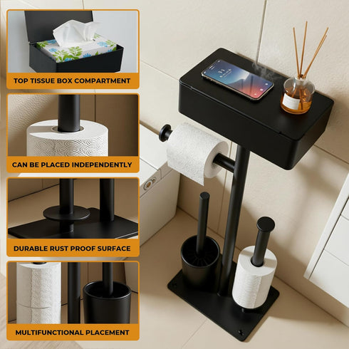 AIGOTSUKI 7 Freestanding Toilet Paper Holder Stand with Shelf for Rolls, Free Standing Black Toilet Paper Roll Holder