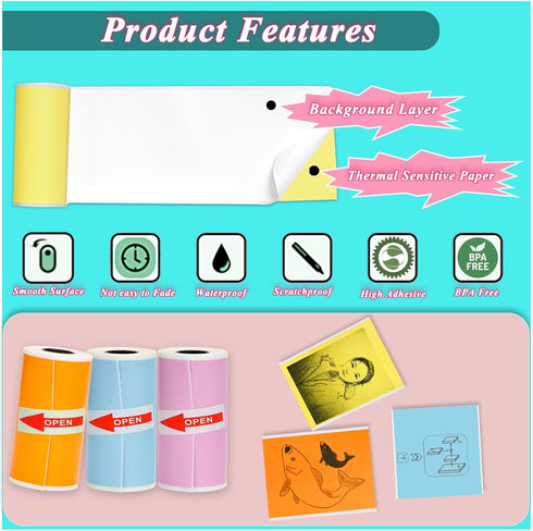 7 53x28mm T02/M02/M02S/PRO 3.75m Rolls Mini Printer Sticker Paper for Phomemo Mini Printers, Mini Colorful