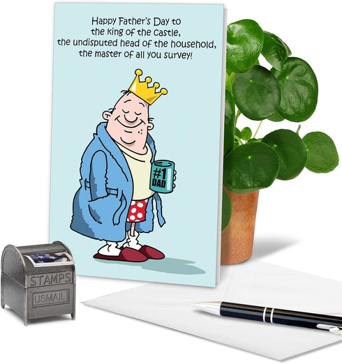 NobleWorks - 1 Funny Father's Day Card for Dad, Pa, Pop, Daddy, Stepfather with Envelope - Humor Notecard, King of the
