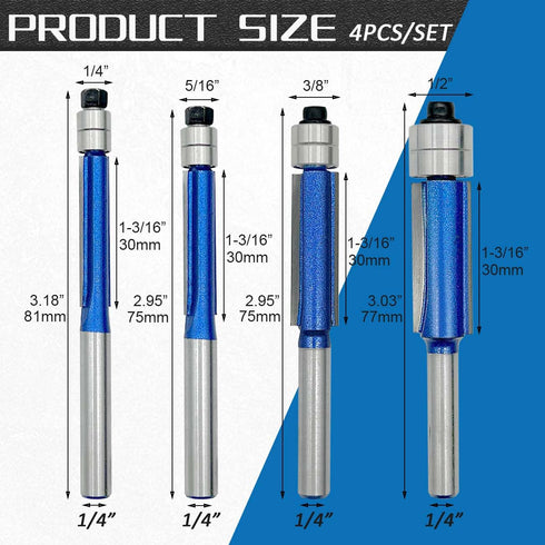4Pcs Trimming Set, 1/4 Inch Set Woodworking,1/4", 5/16", 3/8", 1/2" Top Double Bearing Flush Router Bits Shank Bottom