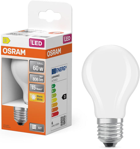 A60 2700K 5.9W E27 806LM 15000H Osram LED Star Filament Warm White Frosted for Ceiling Lights and Floor Lamps Non-Glare