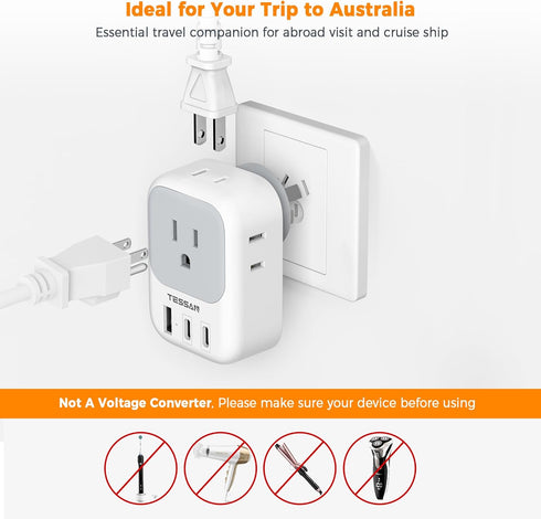 Australia New Zealand Power Adapter USB C, TESSAN Power Plug Adapter with 4 Electrical Outlets and 3 USB Ports
