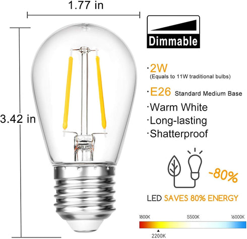 Shatterproof S14 Replacement LED Light Bulbs, 2W, Equivalent to 11-25 Watt, Warm White 2200K, Outdoor String Lights Vintage Edison Bulb, E26 Medium Base, 15-Pack by VISTERLITE