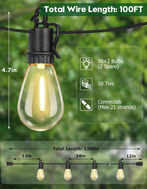 100FT 52 S14 Bulbs E12 Sockets,2700K Dimmable Lights,IP55 Outdoor String Lights with Shatterproof Vintage Edison