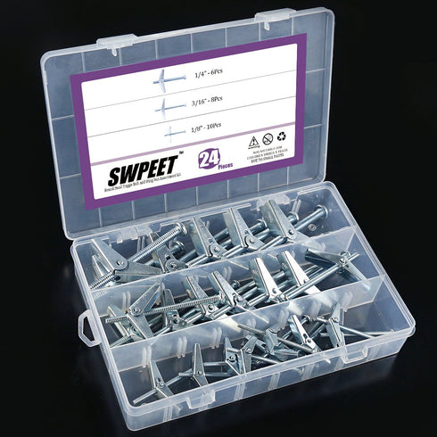 Swpeet 24 Pcs Assorted Toggle Bolt and Wing Nut Kit for Hanging Heavy Items on Drywall - 1/8 Inch, 3/16 Inch, 1/4 Inch