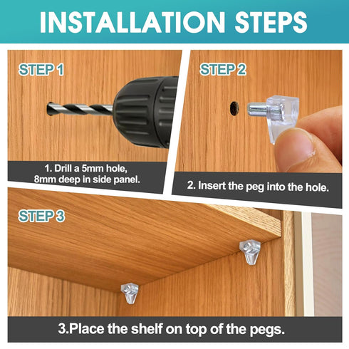 Oimyalsi 30 Pack 5mm (3/16'') Closet, Clear Shelf Pegs Shelf Pins with Extended Steel Inserts Transparent Support Pegs